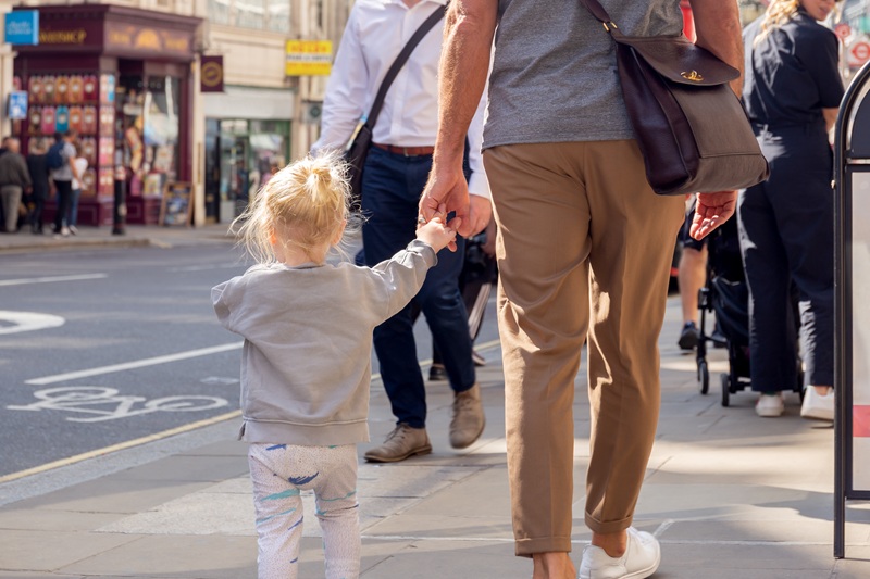 Pedestrians walking on the sidewalk in San Mateo